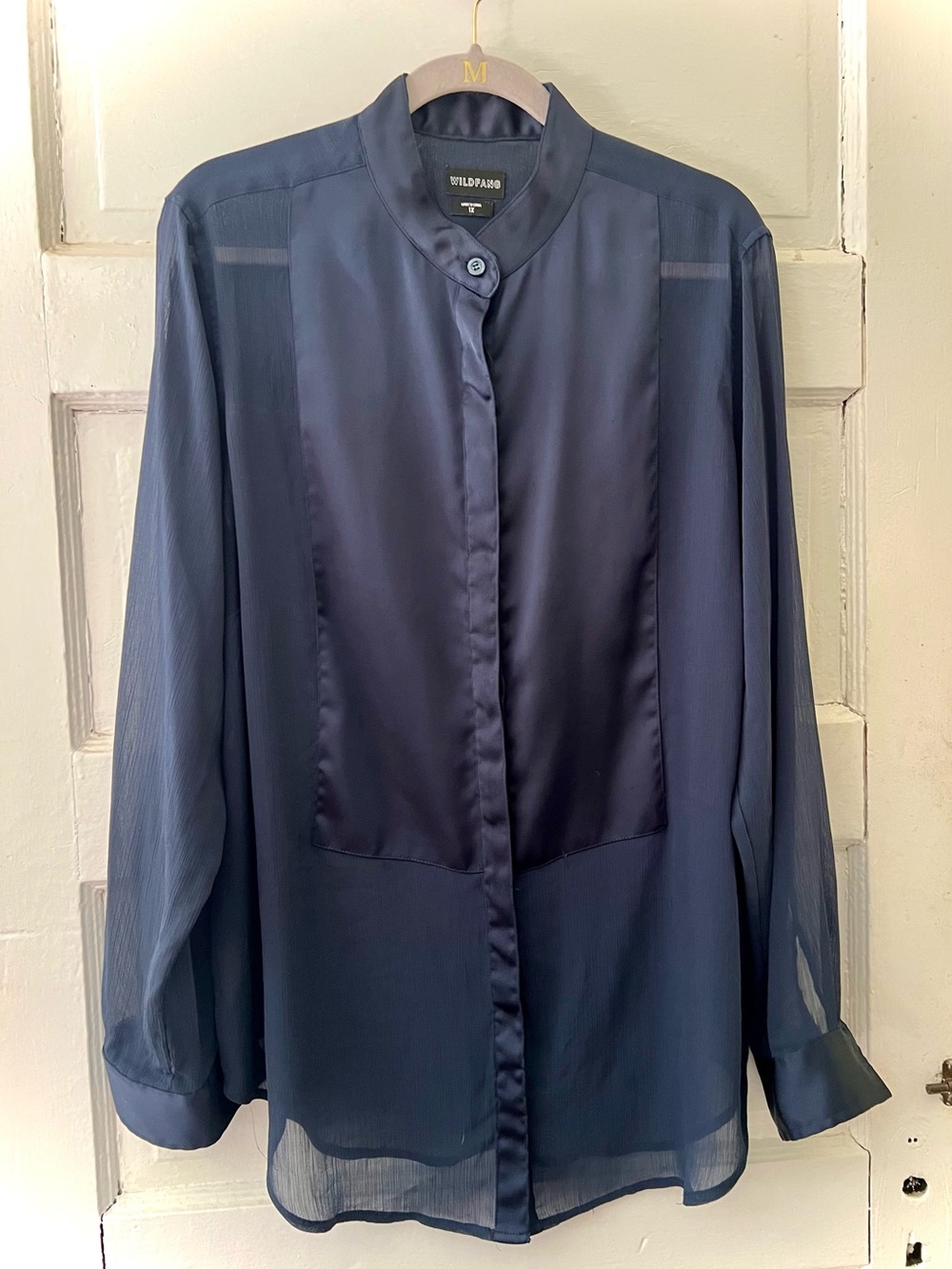 WILDFANG Empower Tuxedo Sheer Long Button Up in Navy Blue